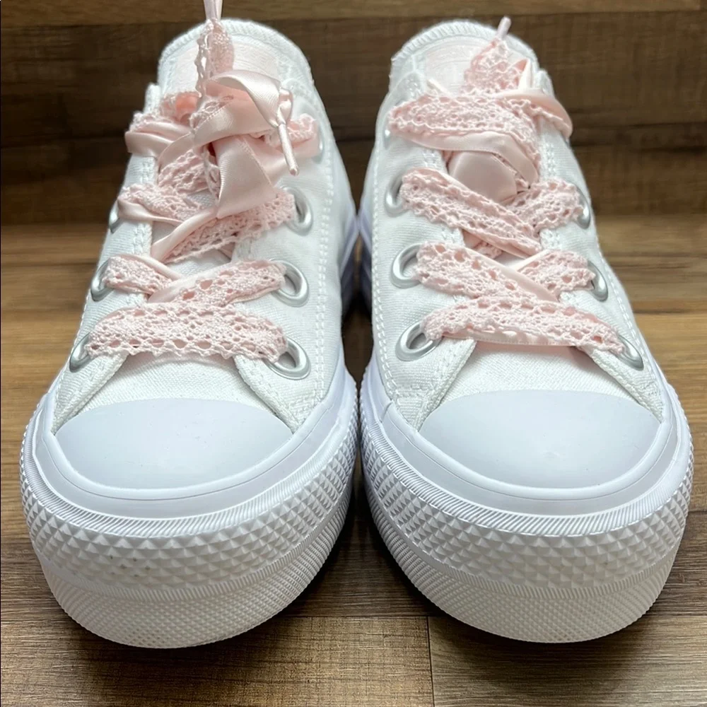 Converse White Sneakers with Pink Lace platform